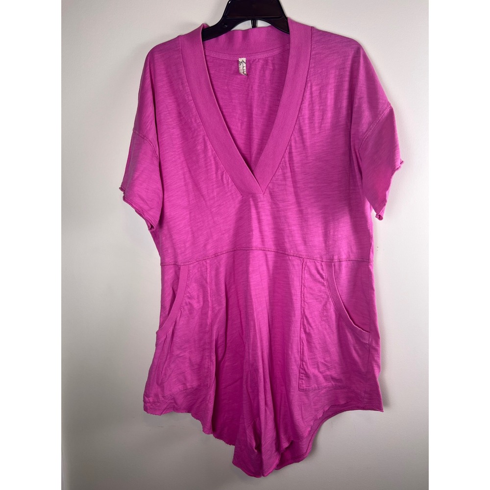 Free People Pink V Neck Short Sleeve Pocket Romper Jumpsuit Sz XS